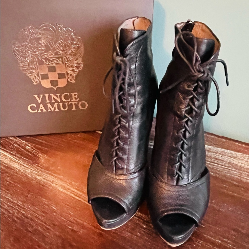 Vince Camuto Lannlo Peep Toe Boots in Black Leather